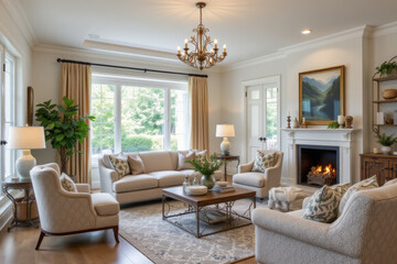 Fototapeta premium Cozy living room with elegant decor features fireplace, comfortable seating, and natural light