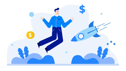 Thrilling concept featuring a man jumping over a rocket with dollar signs, ideal for finance, success, innovation, and business themes.