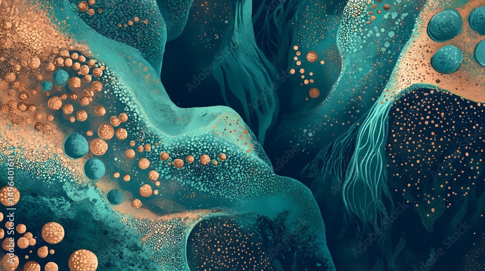 Poster abstract swirls of teal and gold in fluid patterns.