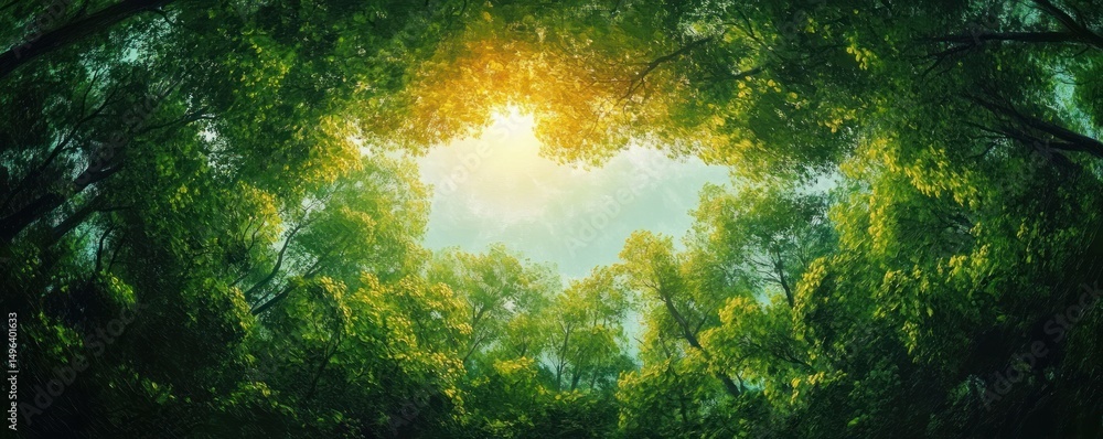 Poster view from forest floor looking up at green tree canopy forming a heart shape with sunlight shining t