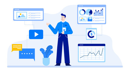 Man presenting data on a screen with charts and graphs. Ideal for business presentations, financial reports, analytics, technology concepts.