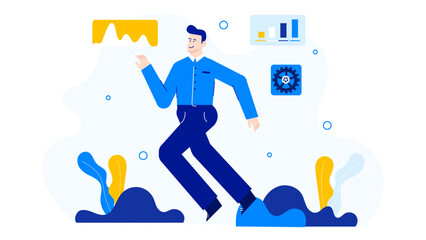 Man in a blue shirt walking over blue waves, ideal for relaxation, travel, vacation, summer, beach themes in advertising, websites, or print.