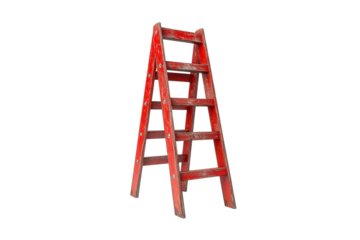 A-frame red wooden ladder with worn paint and five steps, rugged construction with visible bolts, isolated on a transparent background
