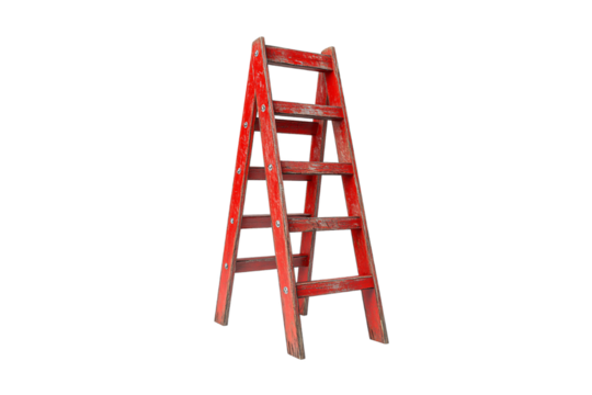 A-frame red wooden ladder with worn paint and five steps, rugged construction with visible bolts, isolated on a transparent background