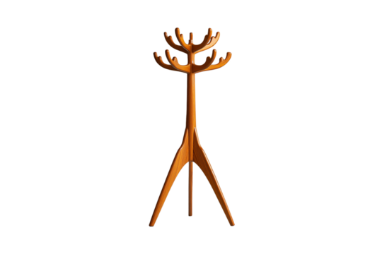 Artistic wooden coat stand with curved arms in symmetrical tiers, resembling antlers or coral, isolated on a transparent background - Powered by Adobe