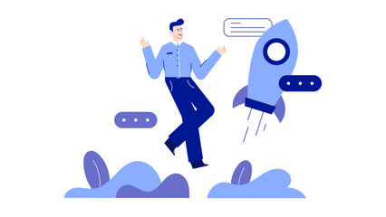 Man riding a rocket with joy, suitable for dynamic and exciting designs. Futuristic concept for technology, adventure, success, and innovation.