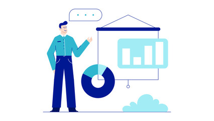 Man presenting data visually with pie chart and bar graph. Suitable for business presentations, reports, infographics, financial analysis concepts.