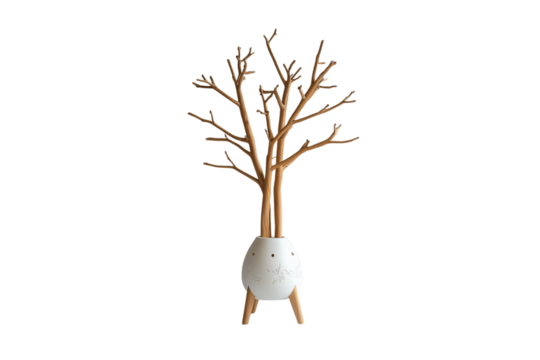 Decorative coat rack resembling small trees emerging from a white base with floral carvings, beautifully designed, isolated on a transparent background