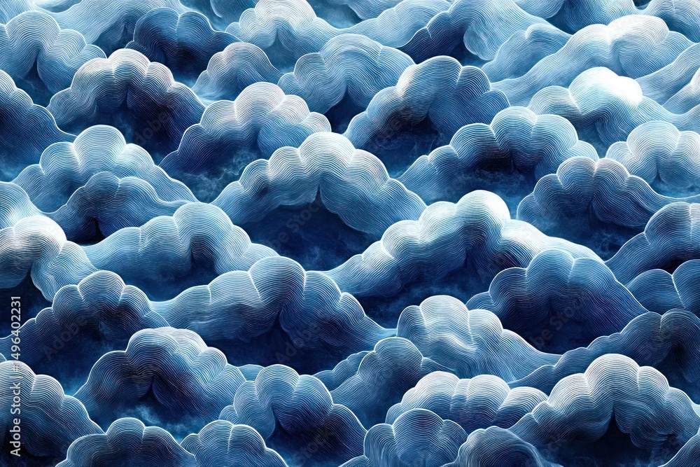 Poster a detailed close-up of layered waves in deep blue and white hues creating a textured and dynamic oce