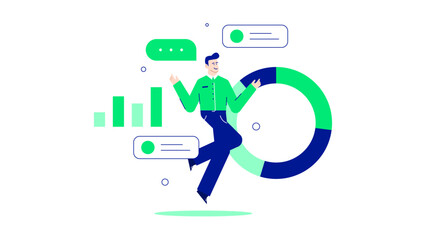 Man energetically leaps over a colorful pie chart, symbolizing agility and progress. Ideal for business concepts or financial growth illustrations.