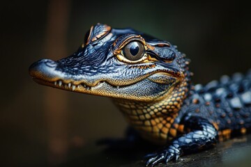 Fototapeta premium Close-up of a young alligator with textured dark and yellow scaly skin and large eye on a blurred natural background