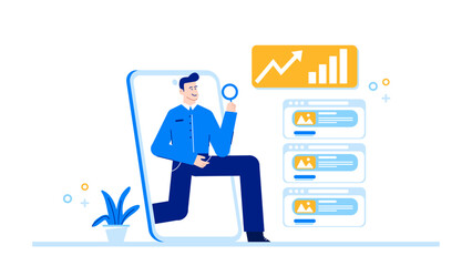 Man in blue shirt examines websites with magnifying glass. Suitable for web design, digital marketing, online security concepts. Modern technology theme.