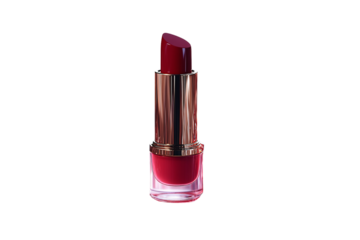 Single tube of deep red lipstick with golden case, elegant presentation for cosmetics, isolated on a transparent background