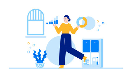 Person holding a bar graph and pie chart suitable for business presentations, data analysis, financial reports, statistics, marketing strategies.