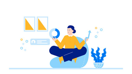 Woman analyzing a pie chart and arrow, suitable for business presentations, data analysis concepts, financial reports, and strategy discussions.