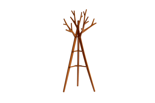 Tall wooden coat rack with multiple branching hooks resembling tree branches, minimalist natural design, isolated on a transparent background
