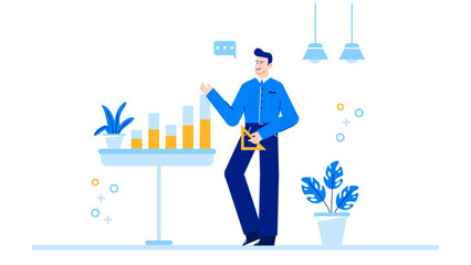 Man standing next to a graph, suitable for business presentations, financial reports, data analysis, growth strategies, market trends, and statistical discussions.