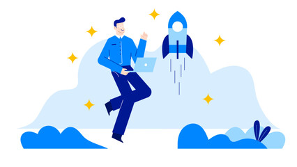 Man in a blue shirt holding a laptop in front of a rocket, symbolizing technology, innovation, business, space exploration concepts. Aerospace industry promotion.
