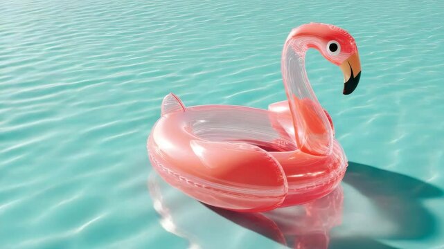Flamenco inflable flotando en una piscina. Verano. Vacaciones. Video.