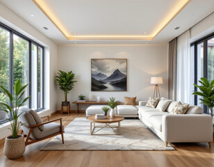 Modern living room featuring cozy sofa, elegant decor, and large windows with scenic view
