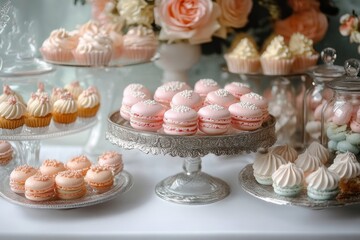 Elegant display of pastel pink and white macarons, cupcakes, meringues, and roses on silver trays and stands for a delicate dessert table setting