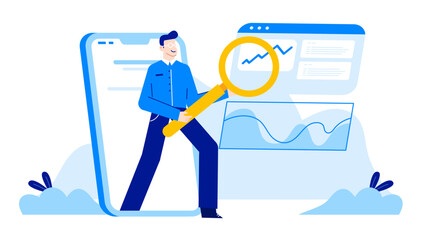 Man analyzing graph on smartphone suitable for business presentations, financial reports, data analysis, technology articles, mobile devices concepts.
