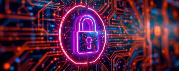 Futuristic neon padlock on electronic circuit background, symbolizing security and technology
