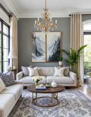 Elegant living room with chandelier, mountain artwork, and cozy furnishings