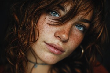 Close-up of woman with intense gaze and tousled wet hair