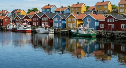 Fototapeta premium Colorful Waterfront Scene: A quaint seaside village presents a picturesque view, with brightly colored houses and boats reflecting on the tranquil waters, exuding charm and serenity.