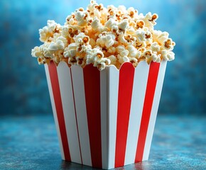 Freshly popped popcorn overflowing in a classic red and white striped container placed on a textured blue surface with a softly blurred blue background