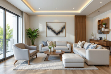 Modern living room featuring stylish furniture, cozy atmosphere, and elegant decor