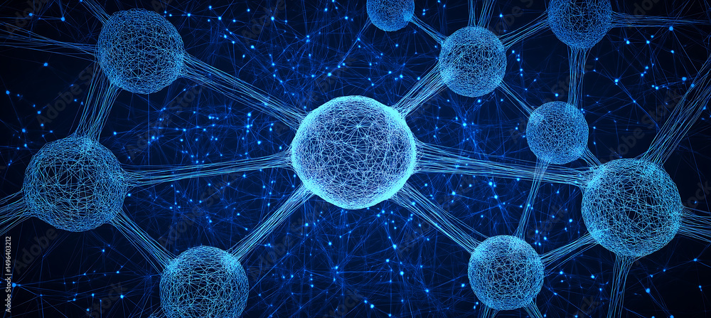 Poster a digital rendering depicts a complex network of interconnected nodes resembling neurons or atoms, g