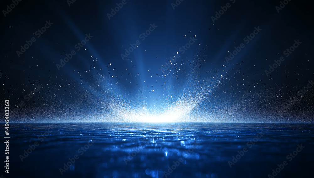 Poster a dark blue background features a bright central glow surrounded by sparkling particles, creating a 