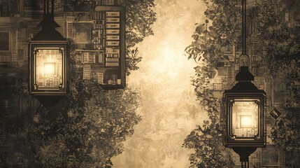 Vintage street scene with antique lamps and soft sepia tones.