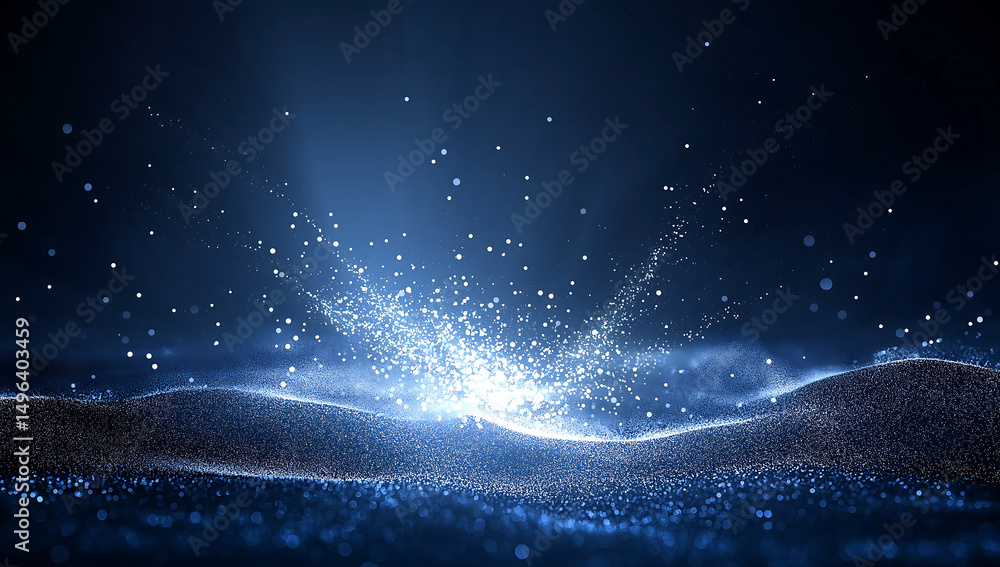 Poster a digital rendering of a dark blue background with glowing particles forming a wave-like pattern. th