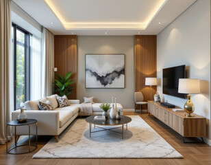 Modern living room with elegant decor, featuring cozy sofa, stylish coffee table, and soft