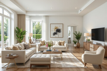 Bright and inviting living room with modern decor, featuring comfortable furniture and greenery