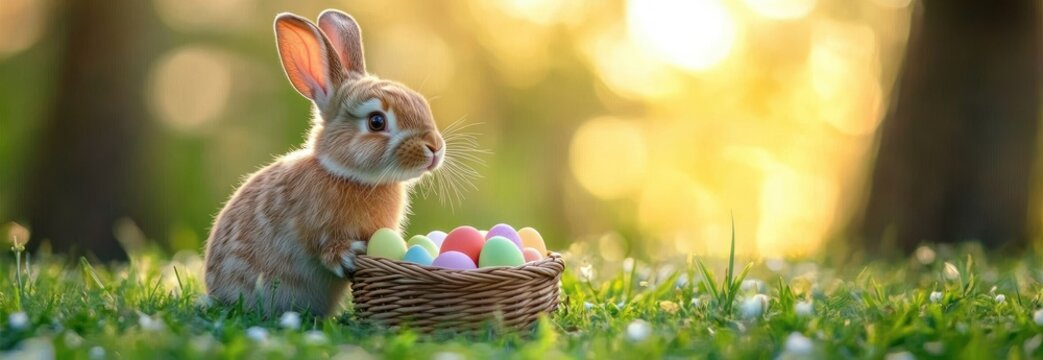 Cute brown rabbit sitting next to a wicker basket filled with colorful Easter eggs on green grass at sunset