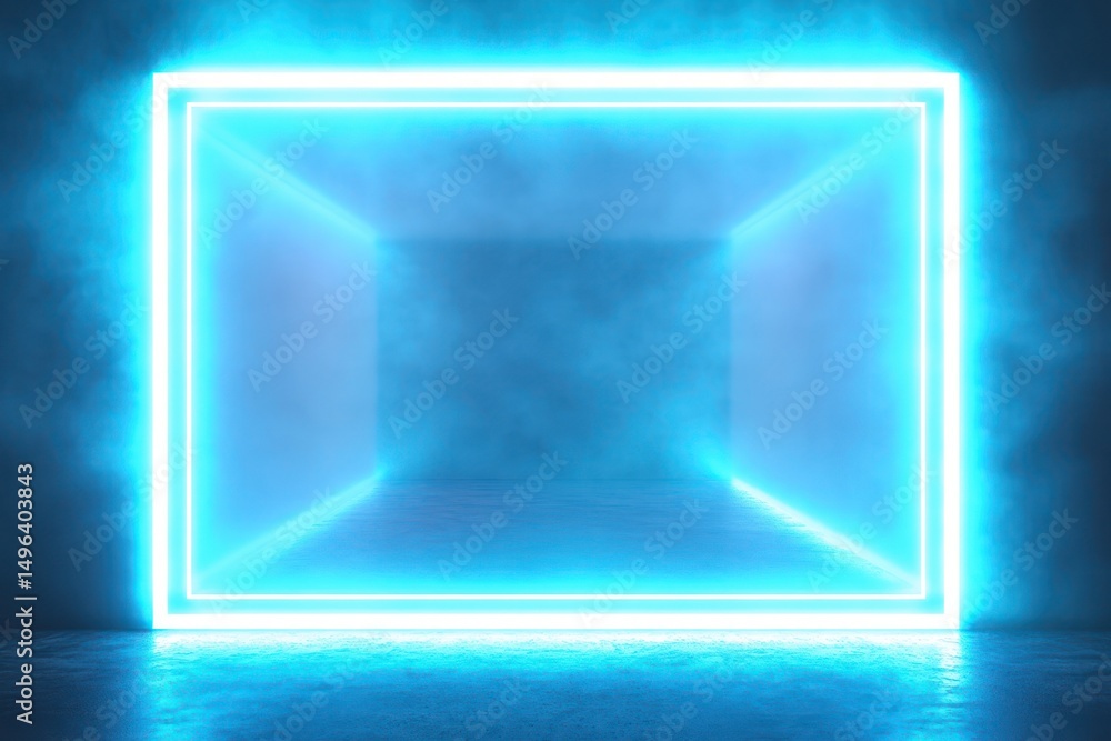 Poster glowing blue neon rectangular frame in foggy dark space creating futuristic tunnel effect