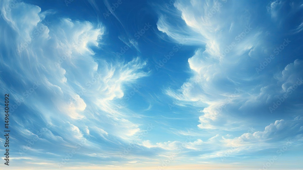 Poster blue sky with wispy white clouds creating a serene and expansive atmosphere