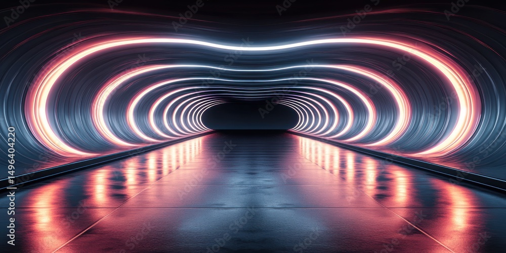 Poster futuristic tunnel with glowing concentric oval lights in blue and pink hues reflecting on smooth flo