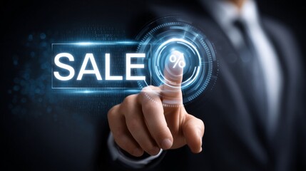 A man is pressing a button that says "sale" on a screen