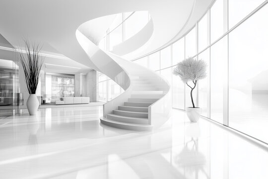 A modern escalator in a business building hall with futuristic design and ample light connects spaces like an airport corridor