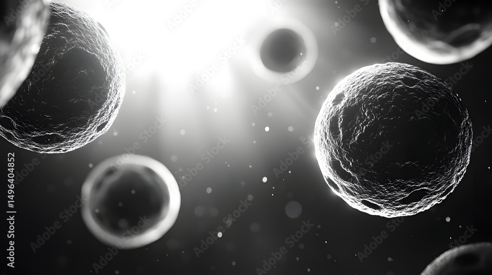 Poster abstract representation of spherical particles in a light-filled space.