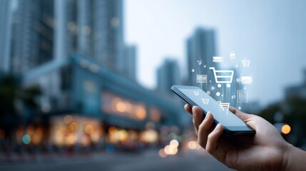 A person is holding a cell phone with a shopping app on it