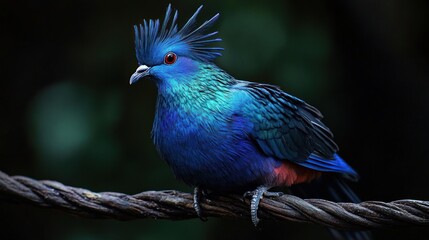 Obraz premium vibrantly colored bird with striking blue and green feathers and a spiked crest perched on a twisted branch against a dark background