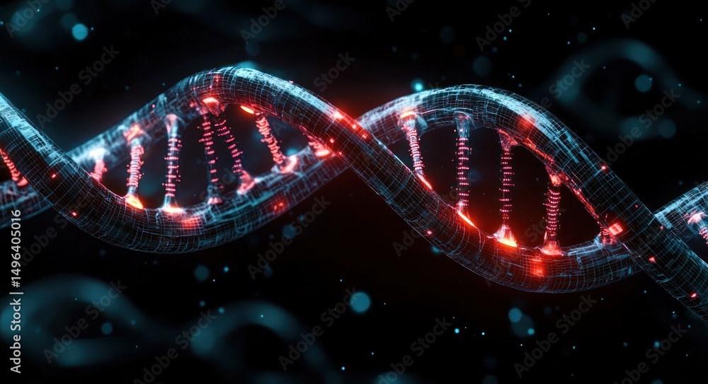 Poster detailed digital representation of a glowing dna double helix structure with red and blue illuminate