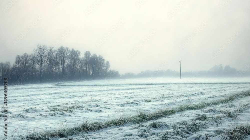 Poster snow-covered field with bare trees and misty background under a pale sky conveying a cold and quiet 