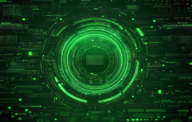 Obraz premium Glowing green futuristic digital interface with circular and rectangular elements representing high-tech data processing and digital technology
